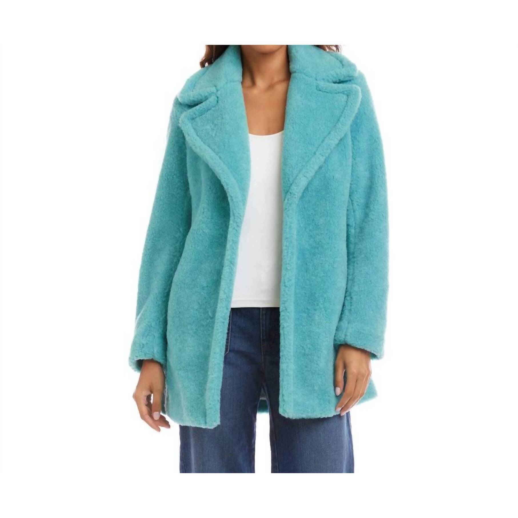 New Karen Kane Sherpa Mid-Thigh Length Coat In Aqua
